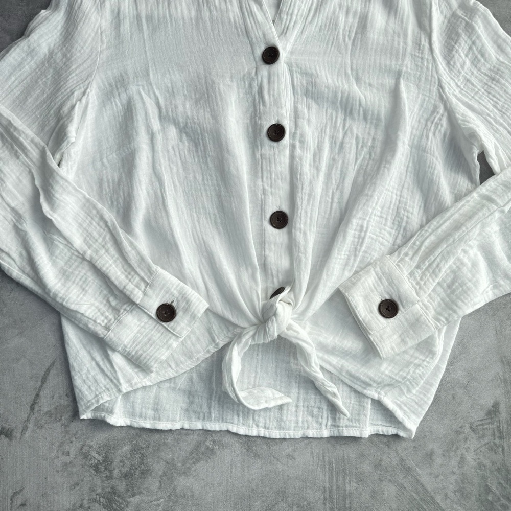 Beachlunchlounge Nox Crinkle Gauze Tie Front Button‎ Up Shirt White XS Casual - Picture 6 of 14